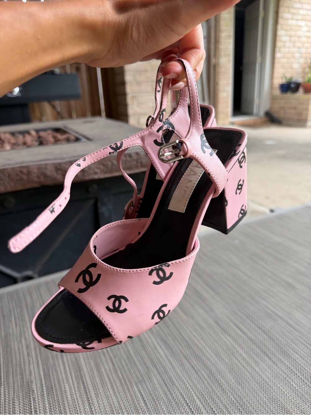 CHANEL Pink CC Logo Block Heel Sandals with Ankle Strap